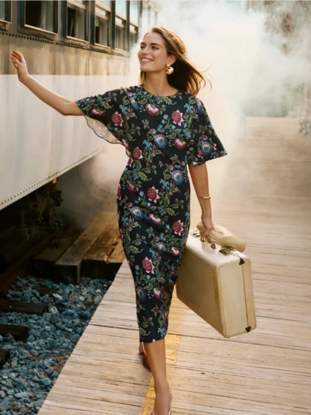 TUCKERNUCK Midnight Moonflower Cape Leah Dress Floral Flutter-Sleeve Midi 6